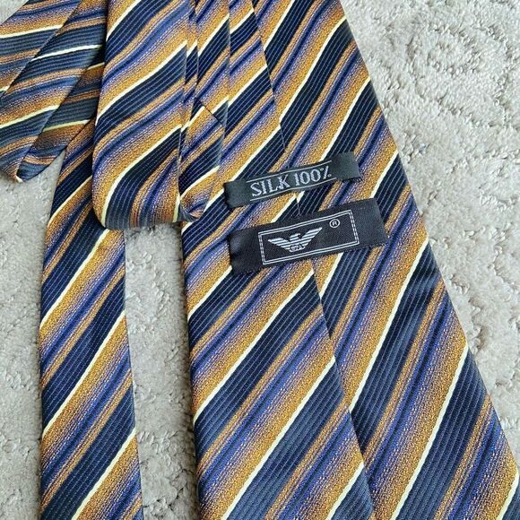 Giorgio Armani Copper and Blue Stripe Handmade 100% Silk Tie - Picture 5 of 6